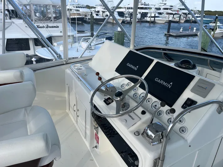Amen Corner Yacht Photos Pics Helm of 1995 Hatteras 45 Convertible yacht with Garmin navigation systems.