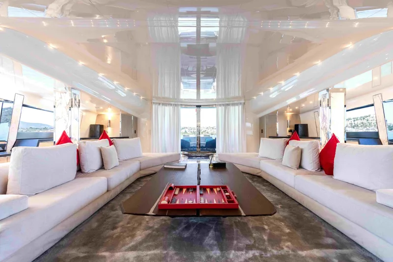 Aquila Yacht Photos Pics Luxurious interior of 2004 Baglietto Custom yacht with elegant seating and modern decor.