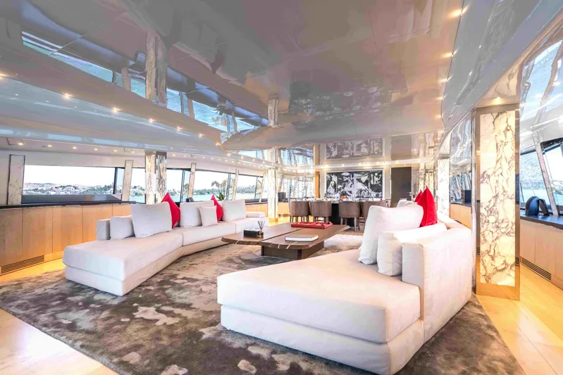 Aquila Yacht Photos Pics Luxurious interior of 2004 Baglietto Custom yacht with elegant seating and modern decor.