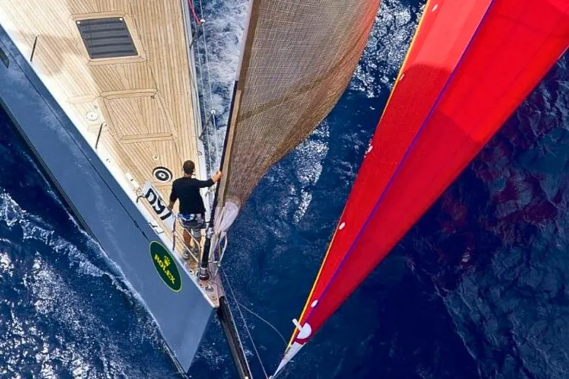 Valkyrie Yacht Photos Pics Aerial view of Nautor Swan Tripp 78 yacht sailing with vibrant sails, 2007 model.