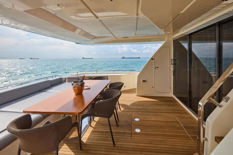  Yacht Photos Pics Luxurious 2018 Ferretti Yachts 850 deck with ocean view and elegant seating area.