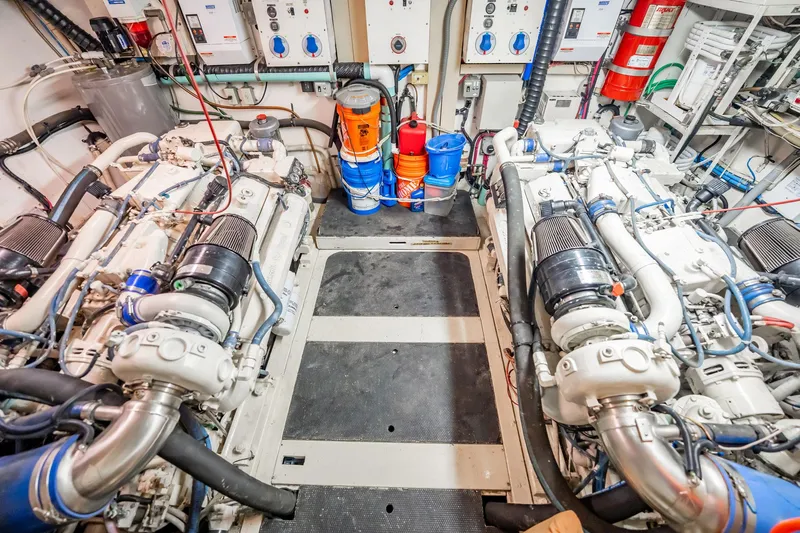 Jubilee Yacht Photos Pics Engine room of a 1989 Viking 63 Motor Yacht with dual engines and equipment.