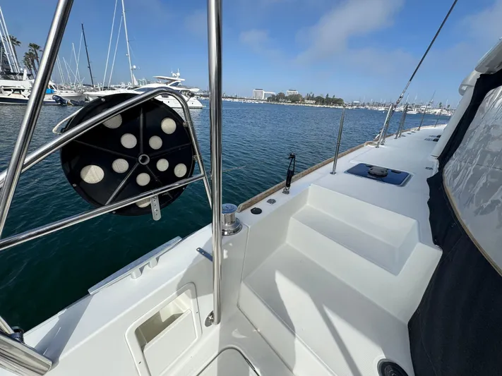 La Vigie Yacht Photos Pics Lagoon 450 F catamaran deck view, 2018 model, docked in a marina.