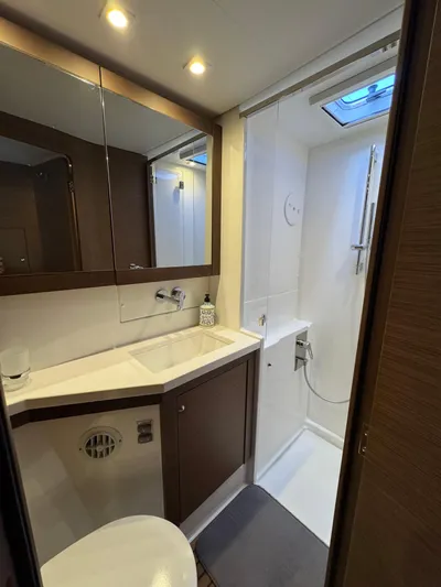 La Vigie Yacht Photos Pics 2018 Lagoon 450 F yacht bathroom with modern fixtures and shower.