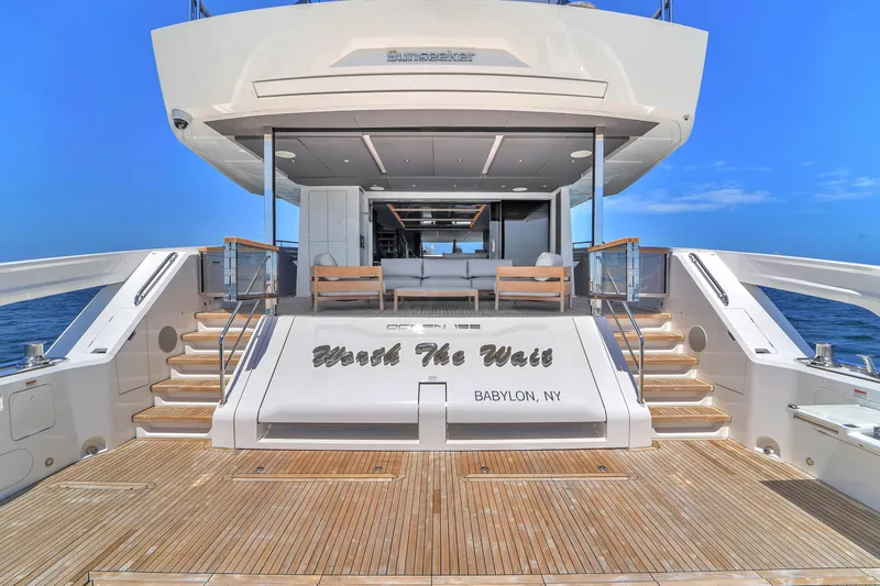 Worth The Wait Yacht Photos Pics Luxury Sunseeker Ocean 182 yacht, 2024 model, with spacious deck and elegant interior.
