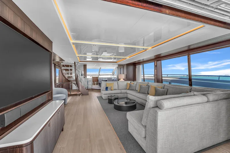 Worth The Wait Yacht Photos Pics Luxurious interior of 2024 Sunseeker Ocean 182 yacht with modern design and panoramic views.