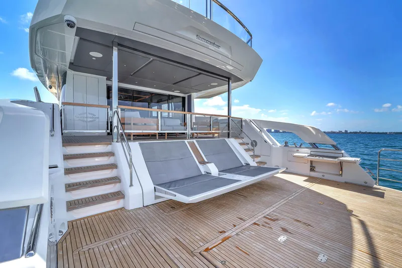 Worth The Wait Yacht Photos Pics 2024 Sunseeker Ocean 182 yacht deck with luxurious seating and ocean view.