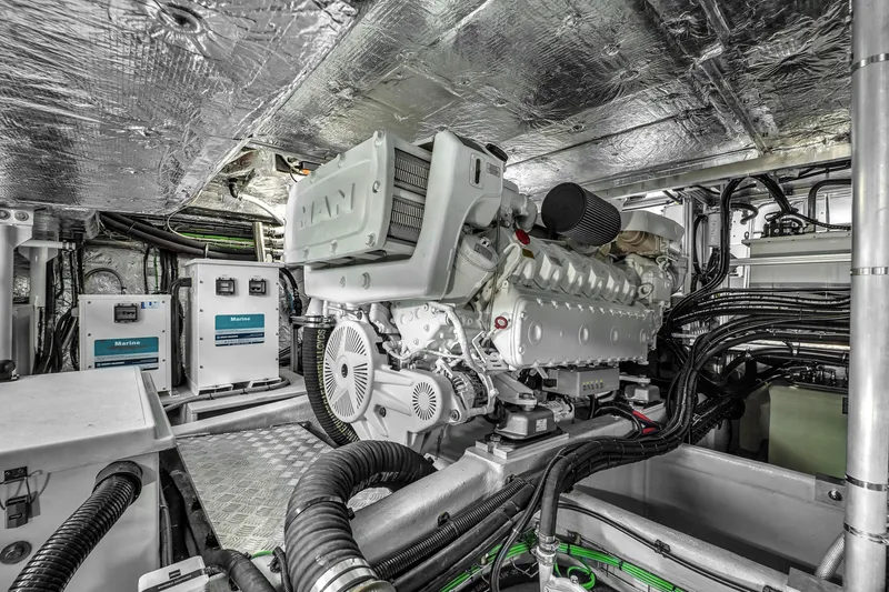 Worth The Wait Yacht Photos Pics Engine room of 2024 Sunseeker Ocean 182 yacht, featuring advanced machinery and wiring.