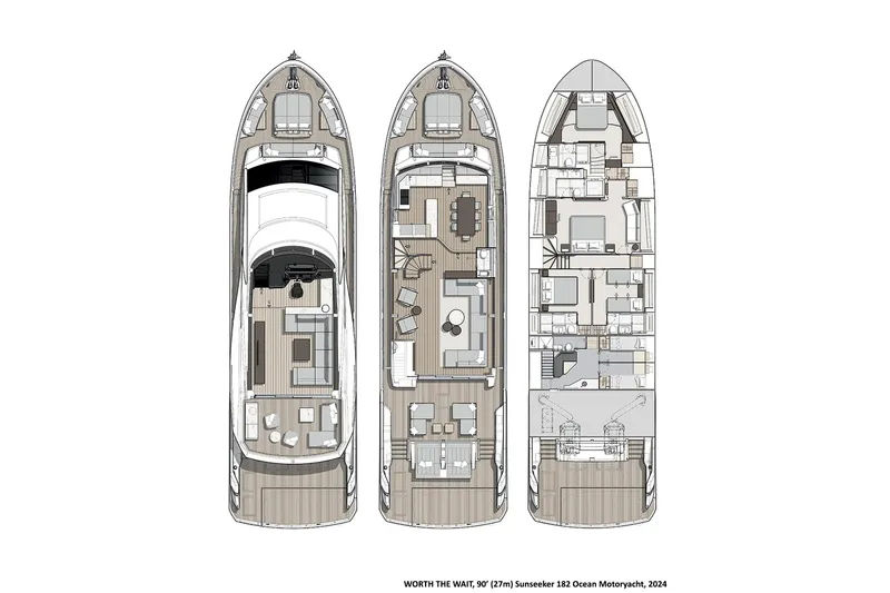 Worth The Wait Yacht Photos Pics Floor plan of 2024 Sunseeker Ocean 182 yacht, showcasing three detailed levels.