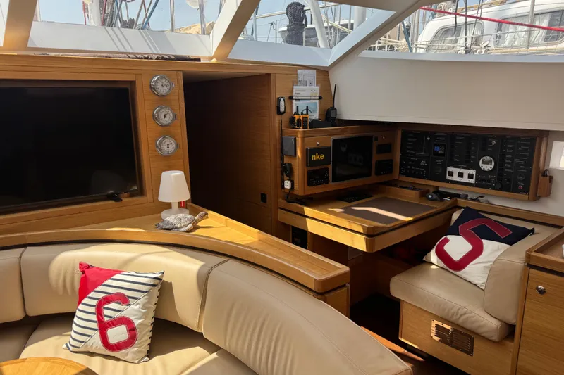  Yacht Photos Pics Luxurious interior of 2023 Garcia Sloop Aluminium 51 yacht with navigation station.