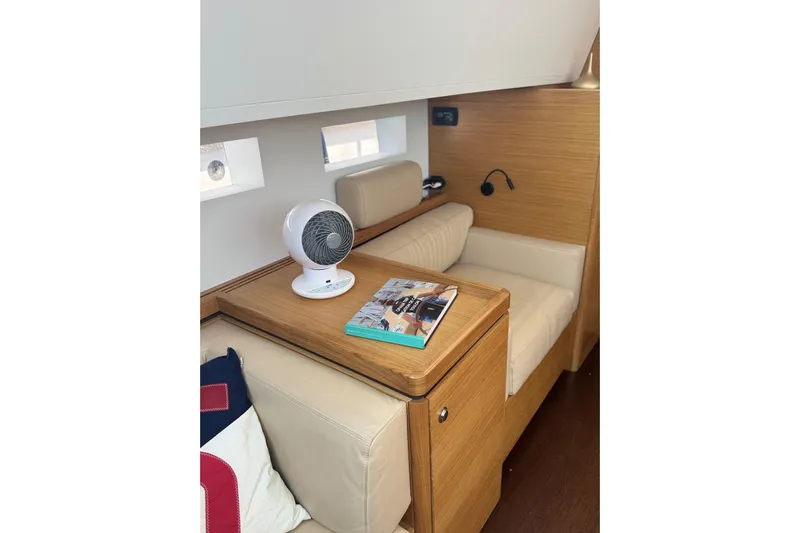  Yacht Photos Pics Interior of 2023 Garcia Sloop Aluminium 51 yacht with cozy seating and modern decor.