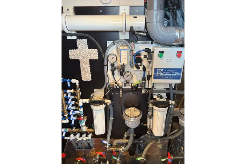  Yacht Photos Pics Engine room of 2023 Garcia SLOOP ALUMINIUM 51 yacht with complex piping and gauges.