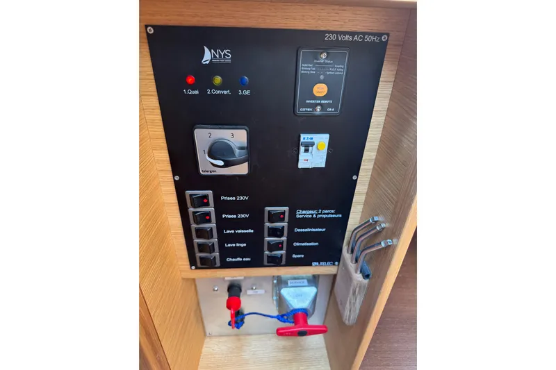  Yacht Photos Pics Electrical control panel on 2023 Garcia SLOOP ALUMINIUM 51 yacht, featuring switches and indicators.