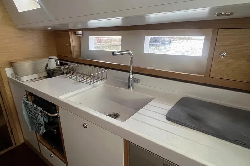  Yacht Photos Pics Modern kitchen interior of 2023 Garcia SLOOP ALUMINIUM 51 yacht, featuring sleek design and amenities.