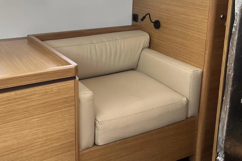  Yacht Photos Pics Luxurious interior seating on 2023 Garcia SLOOP ALUMINIUM 51 yacht, featuring elegant wood finish.