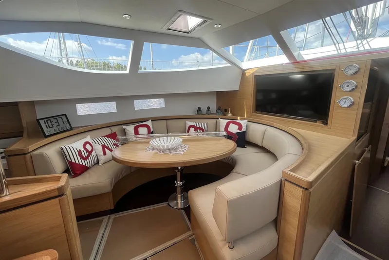  Yacht Photos Pics Luxurious interior of 2023 Garcia Sloop Aluminium 51 yacht with modern seating and decor.