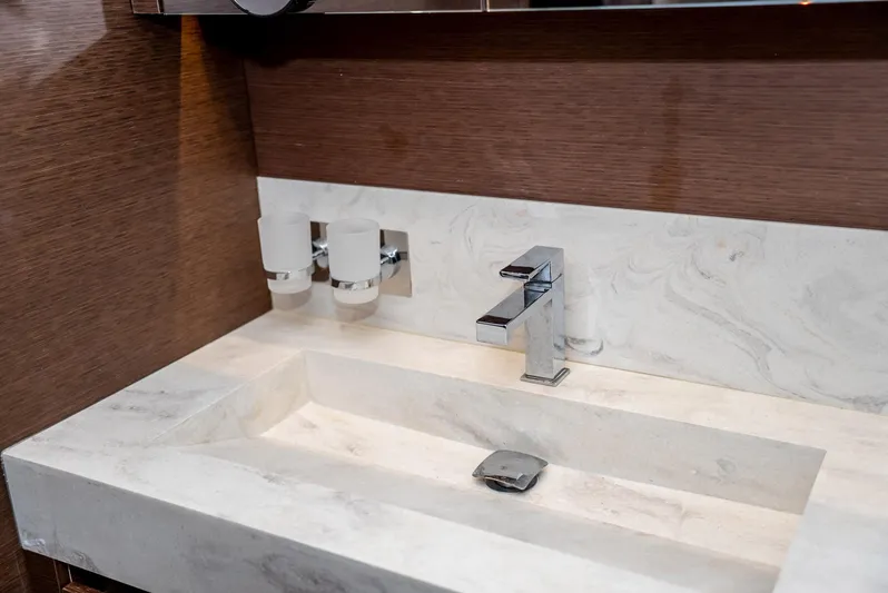 Knightlife Yacht Photos Pics Luxurious marble sink with modern faucet in 2017 Prestige 630 yacht bathroom.