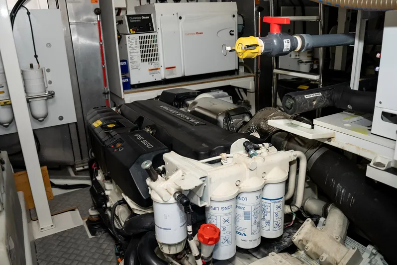 Knightlife Yacht Photos Pics Engine room of a 2017 Prestige 630 yacht, showcasing machinery and components.