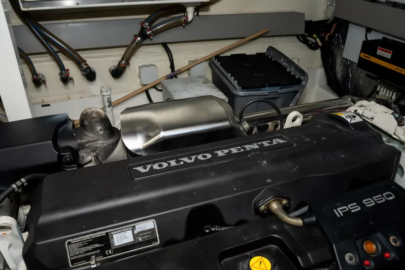 Knightlife Yacht Photos Pics Engine room of a 2017 Prestige 630 yacht featuring a Volvo Penta IPS 950 engine.