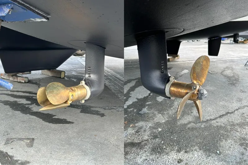 Ile En Ile Yacht Photos Pics Propellers of a 2018 Lagoon 42 catamaran on dry dock.