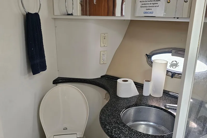 La Bella Vita Yacht Photos Pics Bathroom interior of 2004 Carver 444 Cockpit Motor Yacht with sink and toilet.