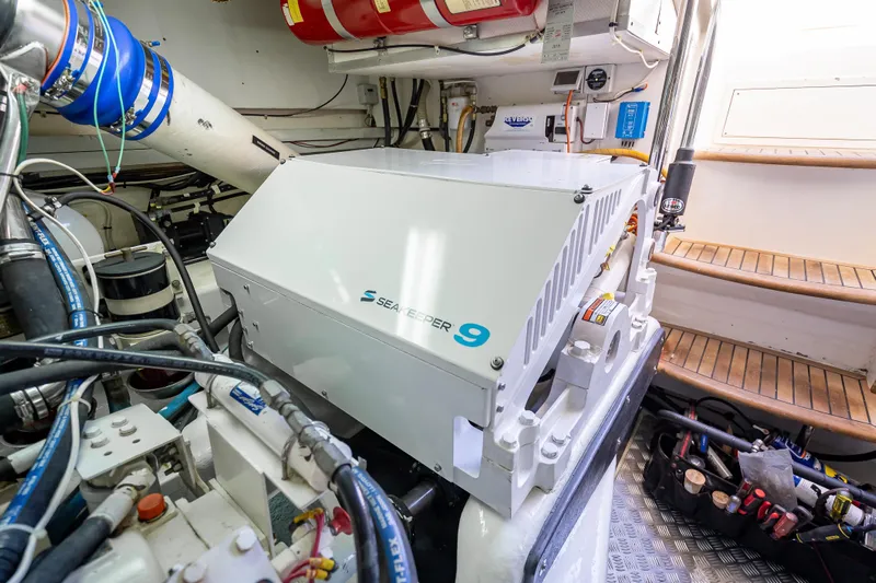Persistence Yacht Photos Pics Engine room of 2008 Grand Banks 47 Eastbay FB with Seakeeper 9 stabilizer.