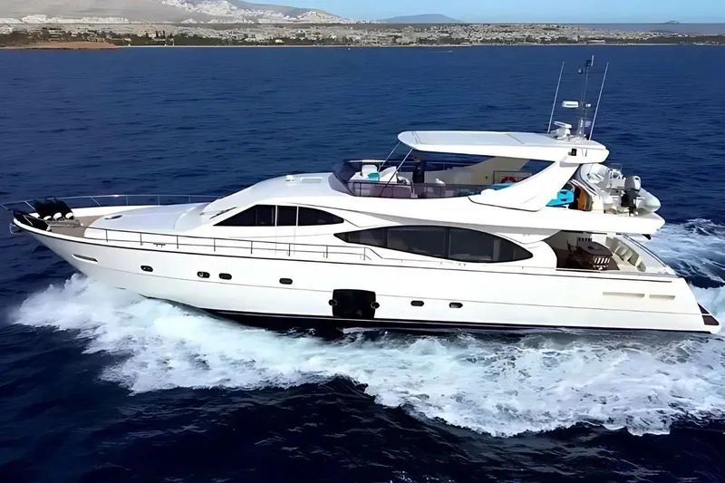 M/y Argo Yacht Photos Pics 2006 Ferretti Yachts 780 cruising on open sea, showcasing sleek design and luxury features.