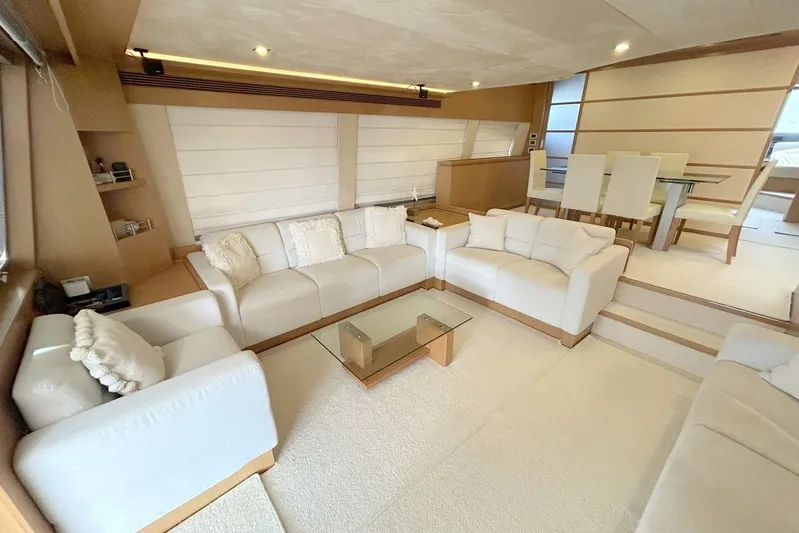 M/y Argo Yacht Photos Pics Luxurious interior of a 2006 Ferretti Yachts 780 with elegant white sofas and dining area.