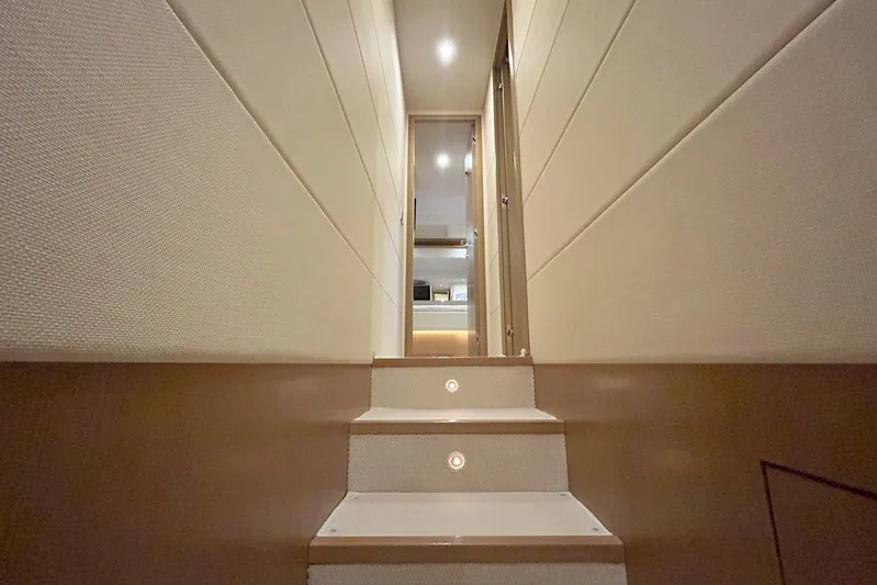 M/y Argo Yacht Photos Pics Interior view of 2006 Ferretti Yachts 780, featuring elegant staircase and modern lighting.