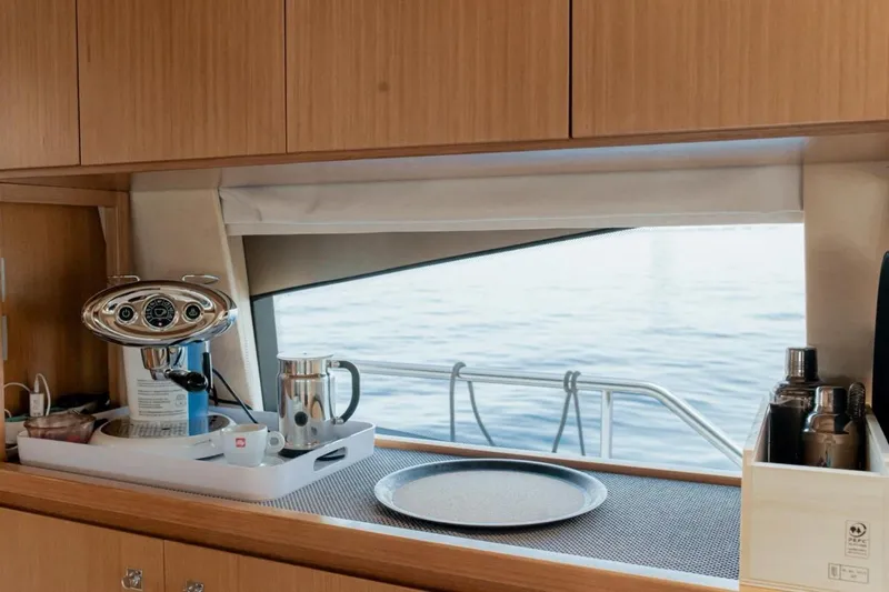 M/y Argo Yacht Photos Pics Luxurious kitchen area on a 2006 Ferretti Yachts 780 with ocean view.