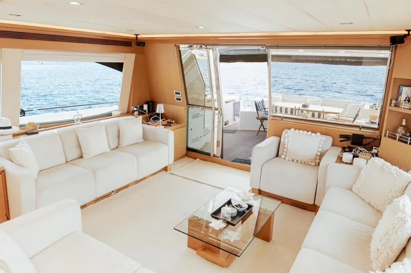M/y Argo Yacht Photos Pics Luxurious interior of 2006 Ferretti Yachts 780 with elegant seating and ocean view.