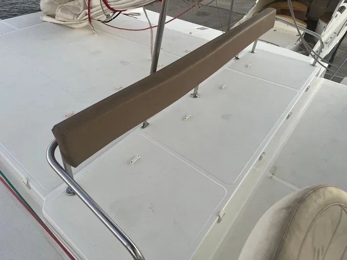  Yacht Photos Pics 2019 Bali 4.3 yacht deck with cushioned railing and stainless steel supports.