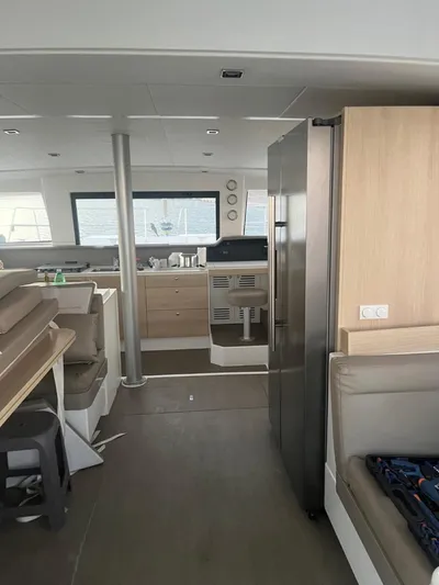  Yacht Photos Pics Interior of a 2019 Bali 4.3 catamaran, featuring modern kitchen and seating area.