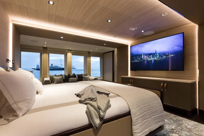 Laurentia Yacht Photos Pics Luxurious bedroom interior of 2017 Heesen Fast Displacement Motor Yacht with ocean view.