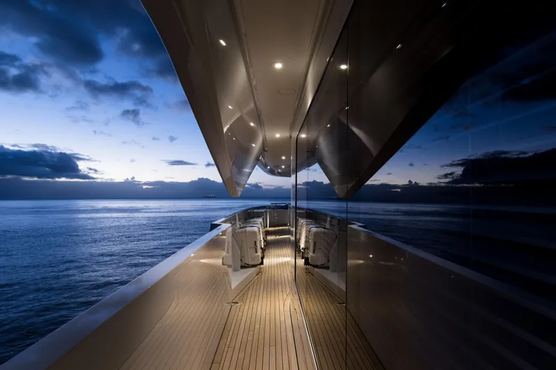 Laurentia Yacht Photos Pics Luxurious 2017 Heesen Fast Displacement Motor Yacht at sunset, sleek design, ocean view.