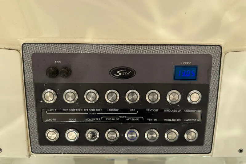 Electric Arc Yacht Photos Pics Control panel of a 2018 Scout 350 LXF boat with various switches and display.