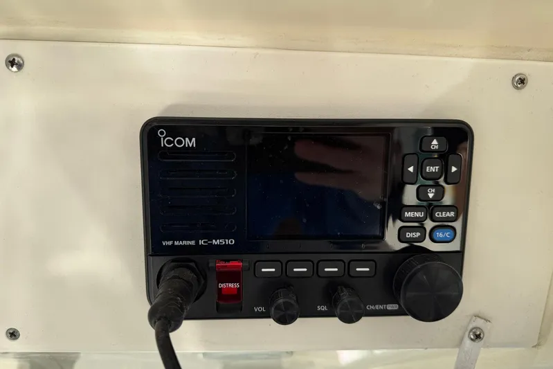 Electric Arc Yacht Photos Pics Icom VHF Marine IC-M510 radio on 2018 Scout 350 LXF boat dashboard.