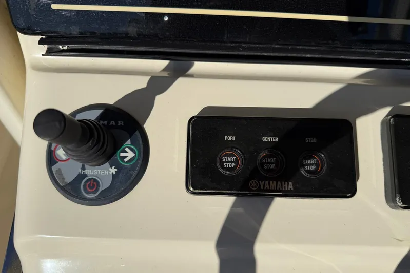 Electric Arc Yacht Photos Pics Control panel of a 2018 Scout 350 LXF boat with Yamaha start/stop buttons.