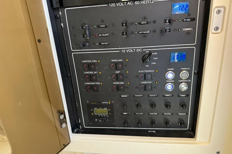 Electric Arc Yacht Photos Pics Electrical control panel on a 2018 Scout 350 LXF boat, featuring 120V AC and 12V DC systems.