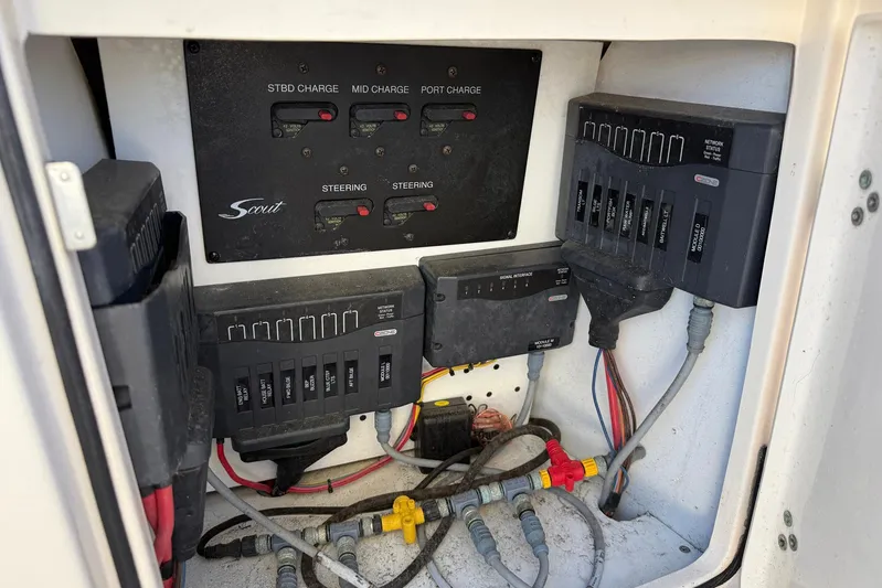 Electric Arc Yacht Photos Pics Electrical panel of a 2018 Scout 350 LXF boat, showing wiring and controls.