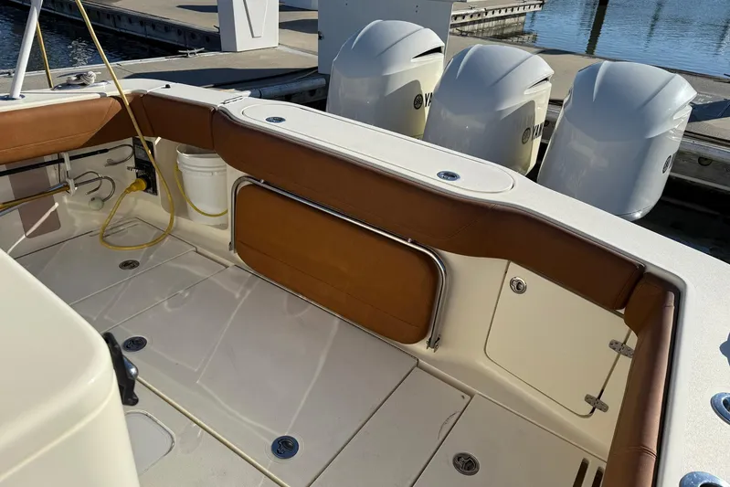 Electric Arc Yacht Photos Pics 2018 Scout 350 LXF boat interior with Yamaha engines at dock.