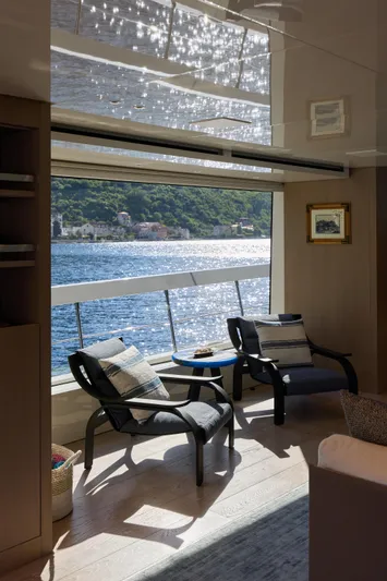 Zafiro III Yacht Photos Pics Luxurious Sanlorenzo SX88 yacht interior with ocean view, featuring elegant seating and decor.