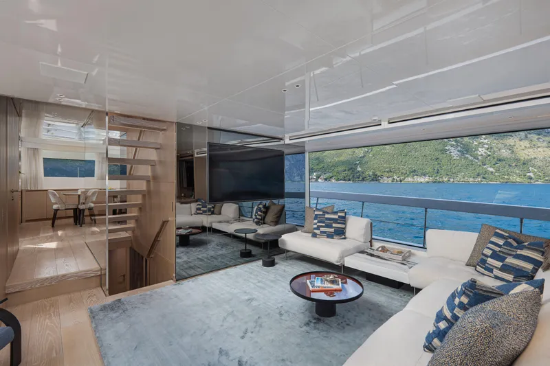 Zafiro III Yacht Photos Pics Luxurious interior of 2020 Sanlorenzo SX88 yacht with ocean view and modern furnishings.