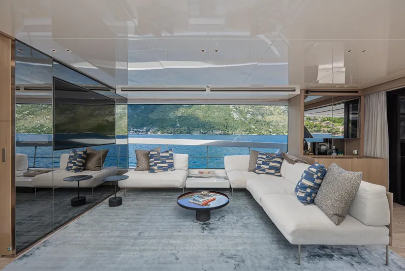 Zafiro III Yacht Photos Pics Luxurious interior of 2020 Sanlorenzo SX88 yacht with scenic ocean view.