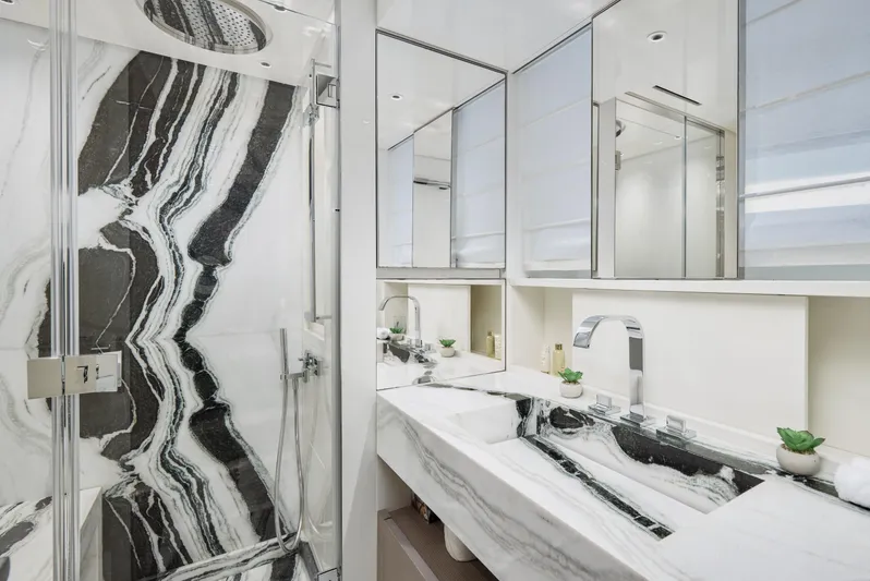 Zafiro III Yacht Photos Pics Luxurious bathroom in 2020 Sanlorenzo SX88 yacht with elegant marble design.