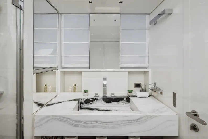 Zafiro III Yacht Photos Pics Luxurious bathroom interior of 2020 Sanlorenzo SX88 yacht with marble sink and modern fixtures.