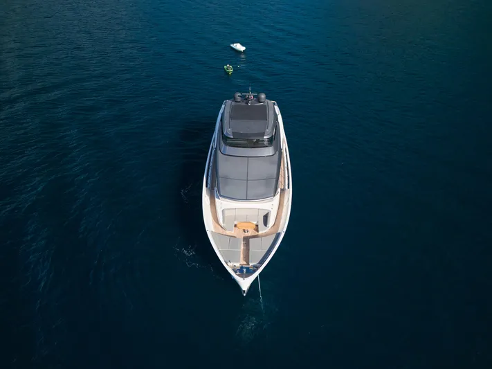 Zafiro III Yacht Photos Pics Sanlorenzo SX88 2020 yacht on calm blue water, aerial view.