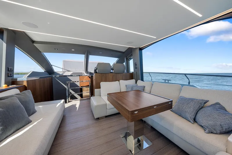 Ascendo Yacht Photos Pics Luxurious interior of 2022 Astondoa 66 yacht with modern seating and ocean view.