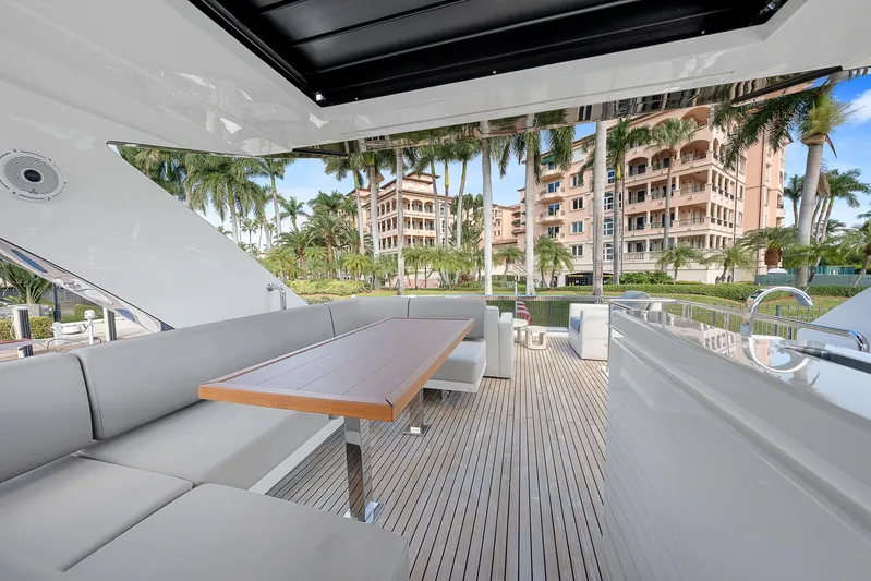 Ascendo Yacht Photos Pics Luxurious 2022 Astondoa 66 yacht deck with elegant seating and scenic view.