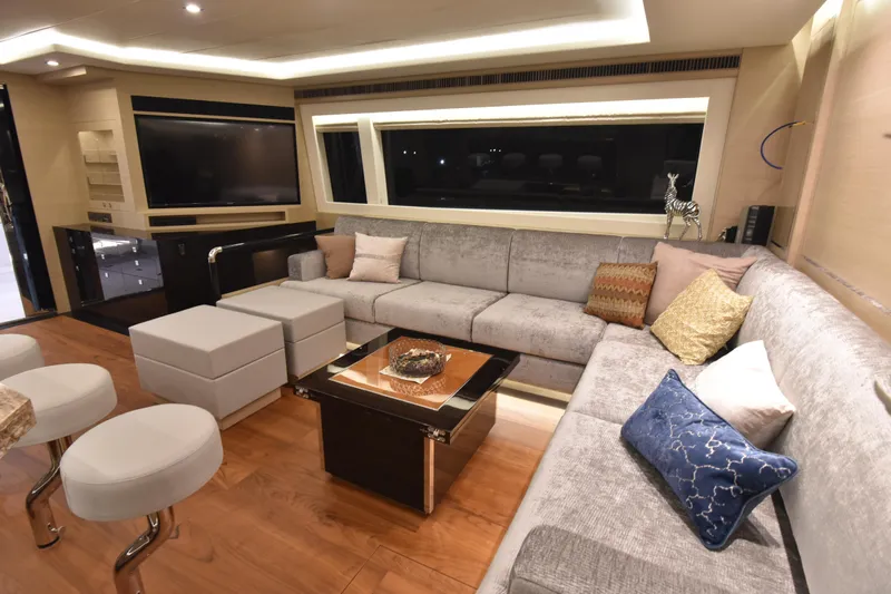 Hideout Yacht Photos Pics Luxurious Horizon PC65 yacht interior, 2022 model, featuring elegant seating and modern decor.